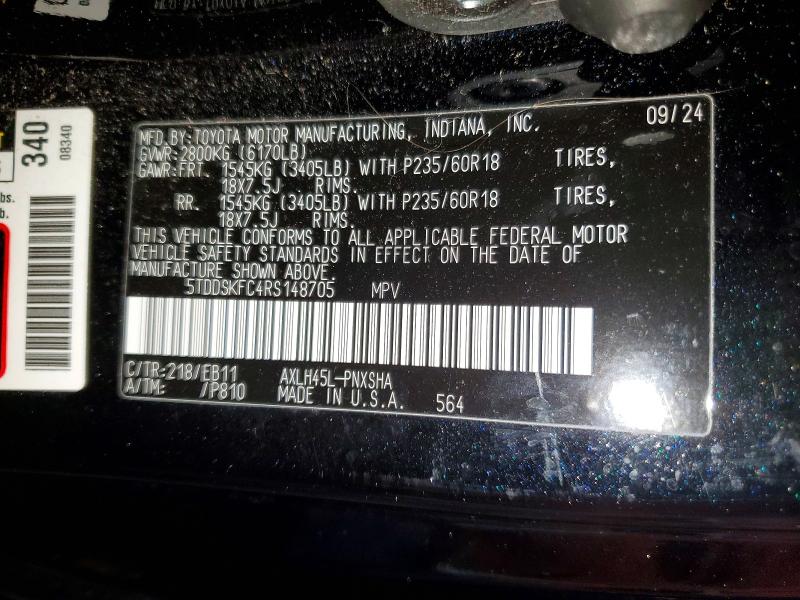 Aukcja sprzedaży 2024 Toyota Sienna, vin: 5TDDSKFC4RS148705, numer aukcji: 62757126