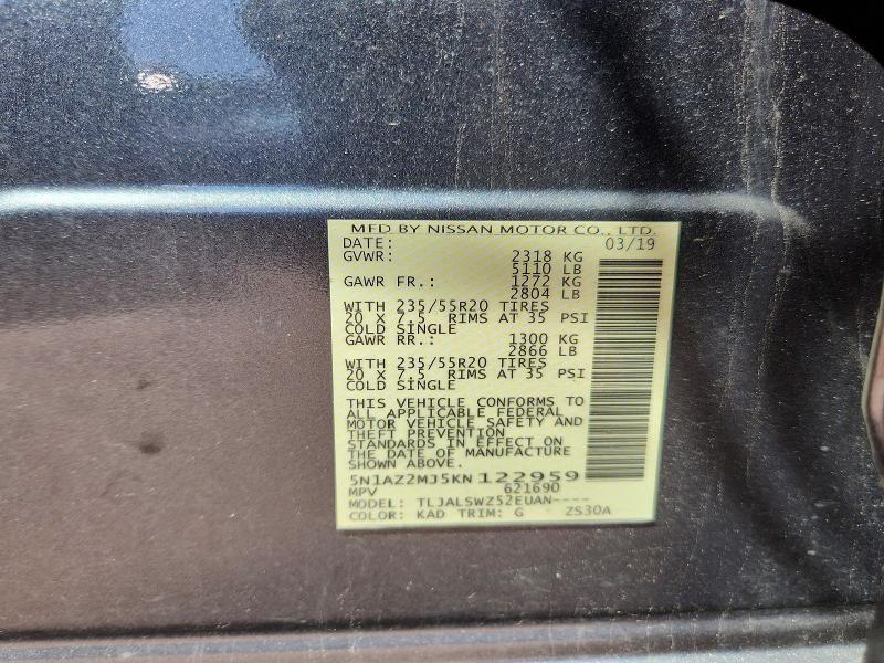 Продажа на аукционе авто 2019 Nissan Murano, vin: 5N1AZ2MJ5KN122959, номер лота: 59733026
