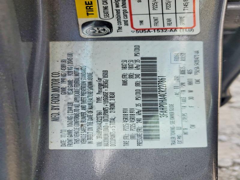 Aukcja sprzedaży 2012 Ford Fusion, vin: 3FAHP0HA4CR227861, numer aukcji: 61243806