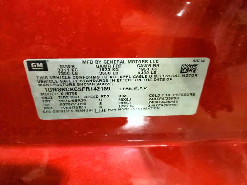 61107166 :رقم المزاد ، 1GNSKCKC5FR142139 vin ، 2015 Chevrolet Tahoe مزاد بيع