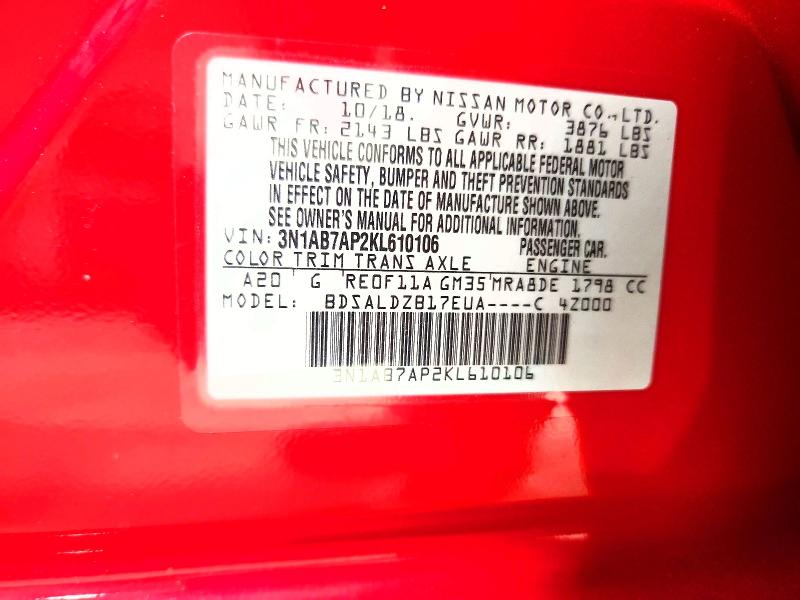 Aukcja sprzedaży 2019 Nissan Sentra, vin: 3N1AB7AP2KL610106, numer aukcji: 61434756