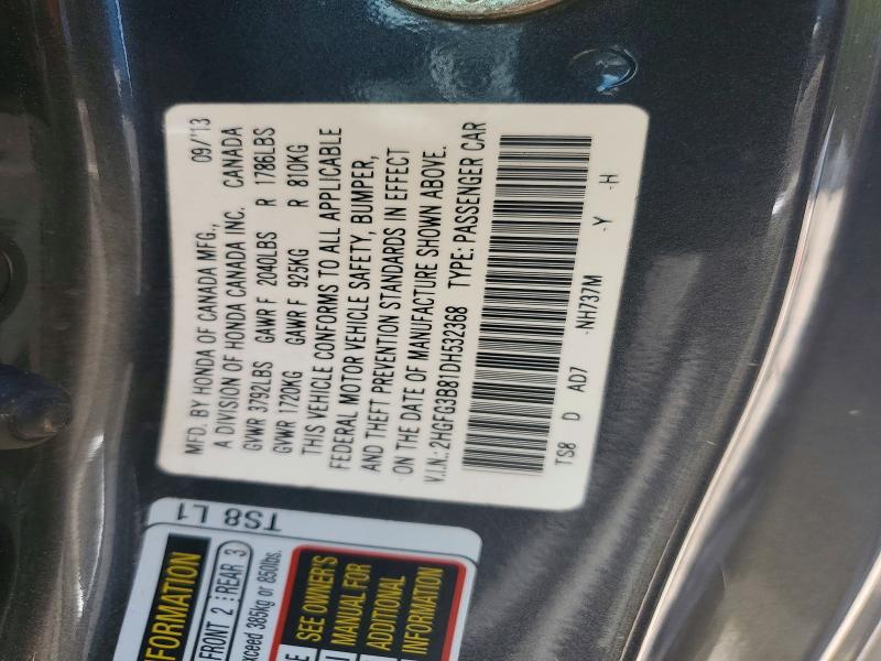 Продаж на аукціоні авто 2013 Honda Civic, vin: 2HGFG3B81DH532368, номер лоту: 58968436