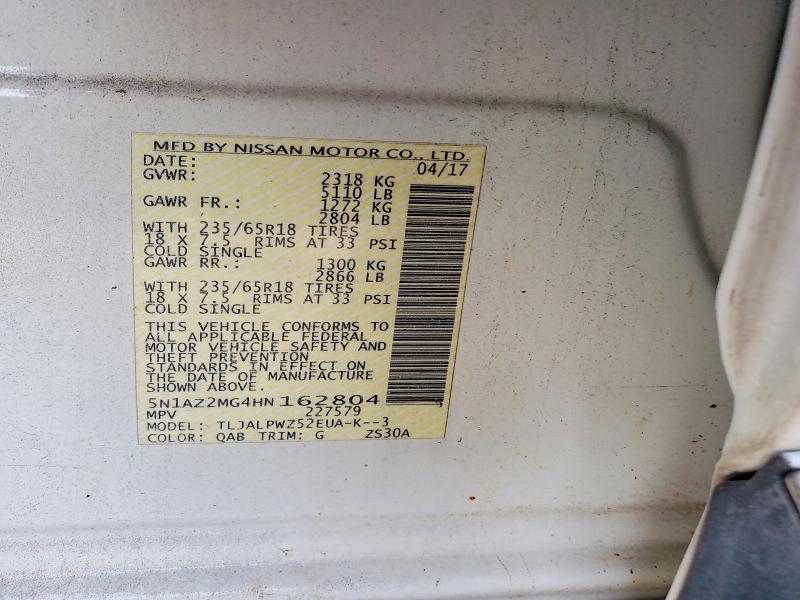 2017 Nissan Murano მანქანა იყიდება აუქციონზე, vin: 5N1AZ2MG4HN162804, აუქციონის ნომერი: 62775706