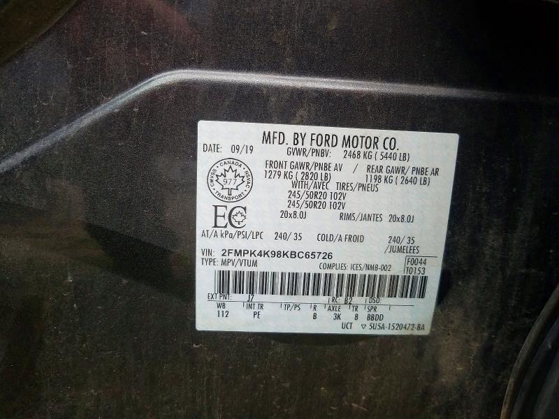 2019 Ford Edge მანქანა იყიდება აუქციონზე, vin: 2FMPK4K98KBC65726, აუქციონის ნომერი: 60561746