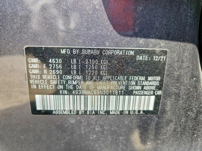 2022 Subaru Legacy მანქანა იყიდება აუქციონზე, vin: 4S3BWAC69N3011811, აუქციონის ნომერი: 60467866