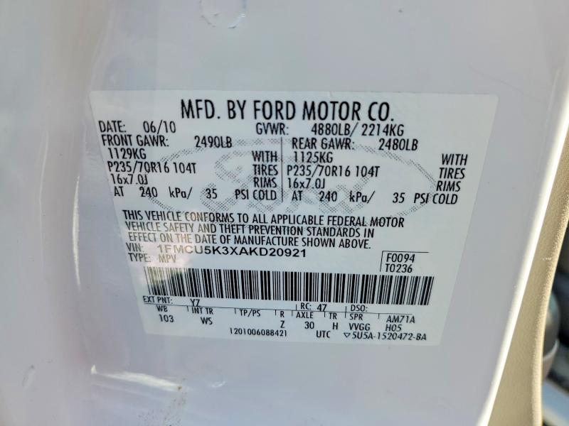 Aukcja sprzedaży 2010 Ford Escape, vin: 1FMCU5K3XAKD20921, numer aukcji: 62251746