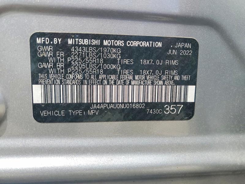 2022 Mitsubishi Outlander Sport მანქანა იყიდება აუქციონზე, vin: JA4APUAU0NU016802, აუქციონის ნომერი: 62313816