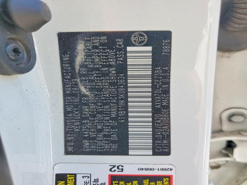 60273296 :رقم المزاد ، 4T1B11HK1KU843634 vin ، 2019 Toyota Camry مزاد بيع