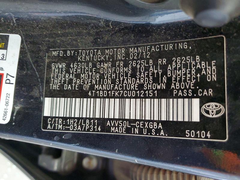 Auction sale of the 2012 Toyota Camry Hybrid, vin: 4T1BD1FK7CU012151, lot number: 59882716