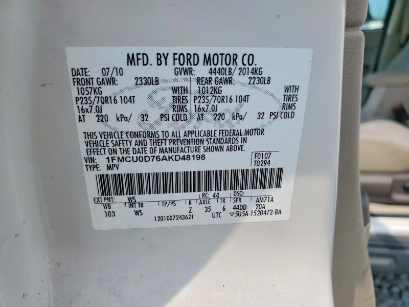 2010 Ford Escape მანქანა იყიდება აუქციონზე, vin: 1FMCU0D76AKD48198, აუქციონის ნომერი: 59982536