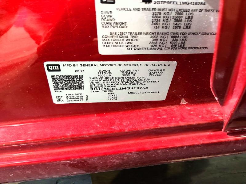 Aukcja sprzedaży 2021 Gmc Sierra, vin: 3GTP9EEL1MG419254, numer aukcji: 61514156