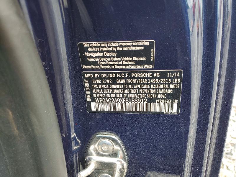 2015 Porsche 911 მანქანა იყიდება აუქციონზე, vin: WP0AC2A9XFS183912, აუქციონის ნომერი: 59407506