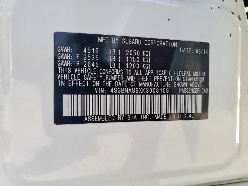 2019 Subaru Legacy მანქანა იყიდება აუქციონზე, vin: 4S3BNAS6XK3008108, აუქციონის ნომერი: 60079936