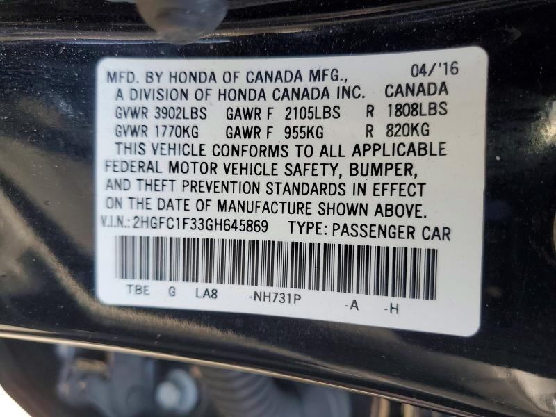 61785036 :رقم المزاد ، 2HGFC1F33GH645869 vin ، 2016 Honda Civic مزاد بيع