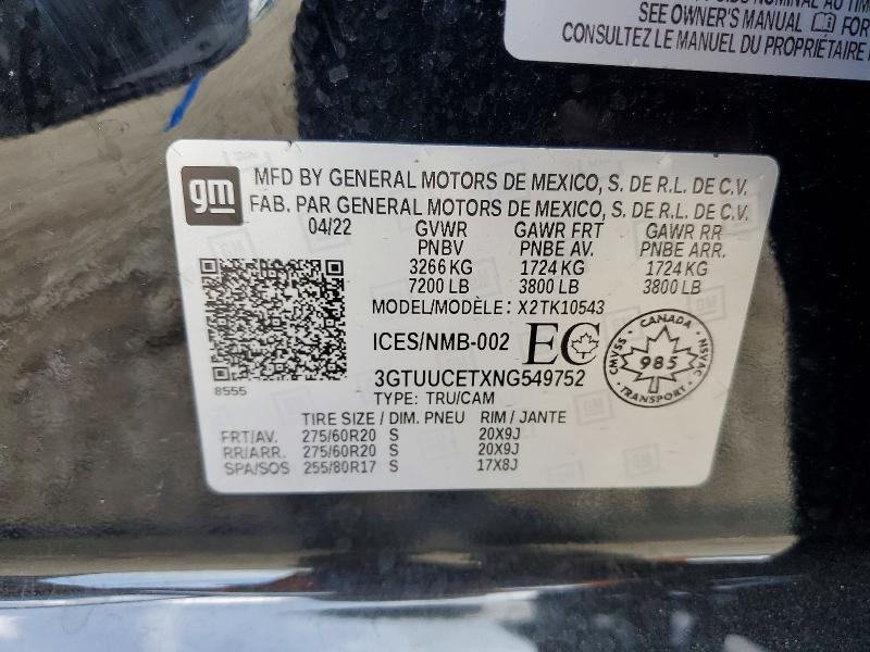 Продаж на аукціоні авто 2022 Gmc Sierra, vin: 3GTUUCETXNG549752, номер лоту: 59589636