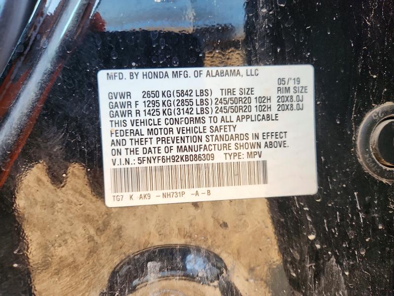 Aukcja sprzedaży 2019 Honda Pilot, vin: 5FNYF6H92KB086309, numer aukcji: 60072066