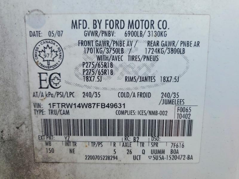 Продаж на аукціоні авто 2007 Ford F150, vin: 1FTRW14W87FB49631, номер лоту: 59593856