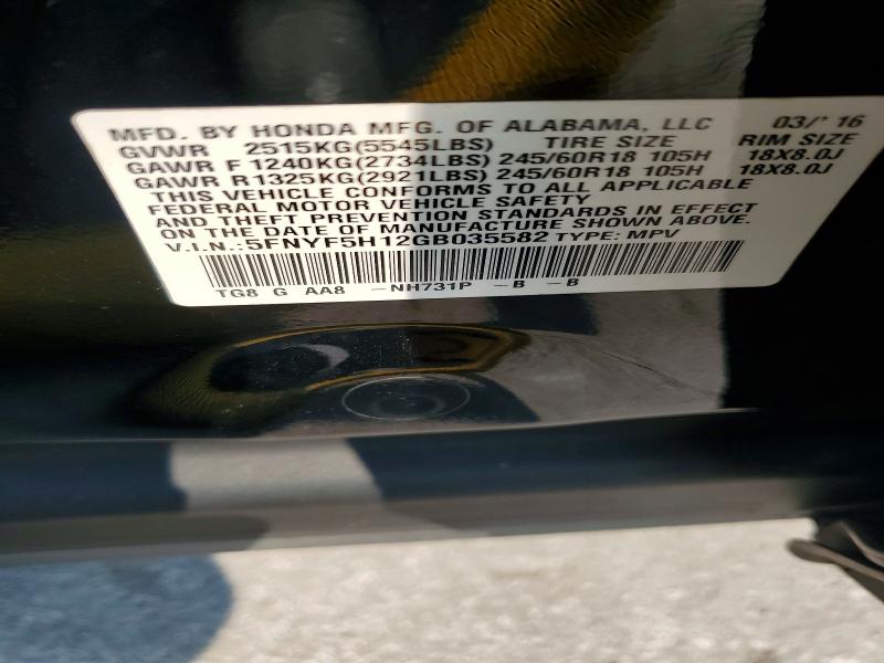 Aukcja sprzedaży 2016 Honda Pilot, vin: 5FNYF5H12GB035582, numer aukcji: 62735396
