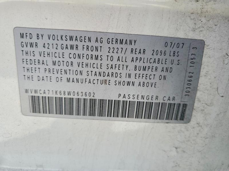 63009096 :رقم المزاد ، WVWCA71K68W063602 vin ، 2008 Volkswagen Rabbit مزاد بيع