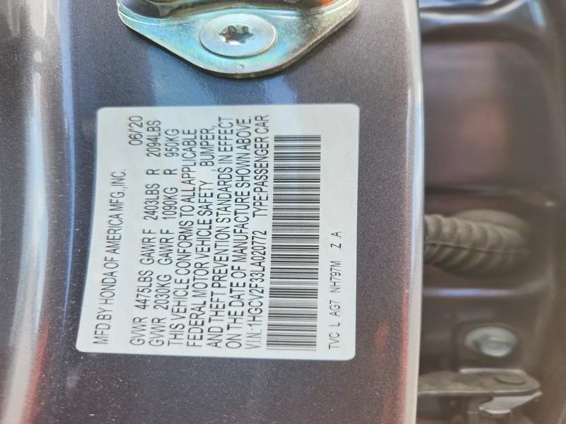 62799656 :رقم المزاد ، 1HGCV2F33LA020772 vin ، 2020 Honda Accord مزاد بيع