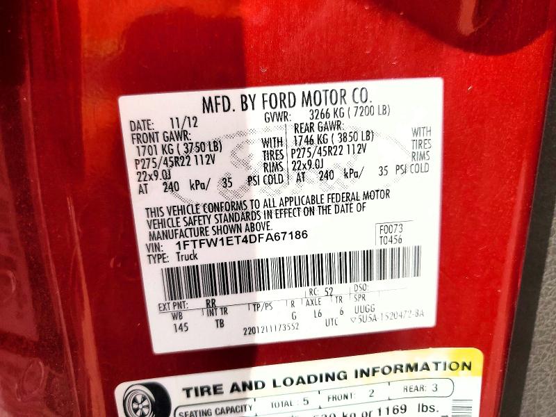 2013 Ford F150 მანქანა იყიდება აუქციონზე, vin: 1FTFW1ET4DFA67186, აუქციონის ნომერი: 59250196
