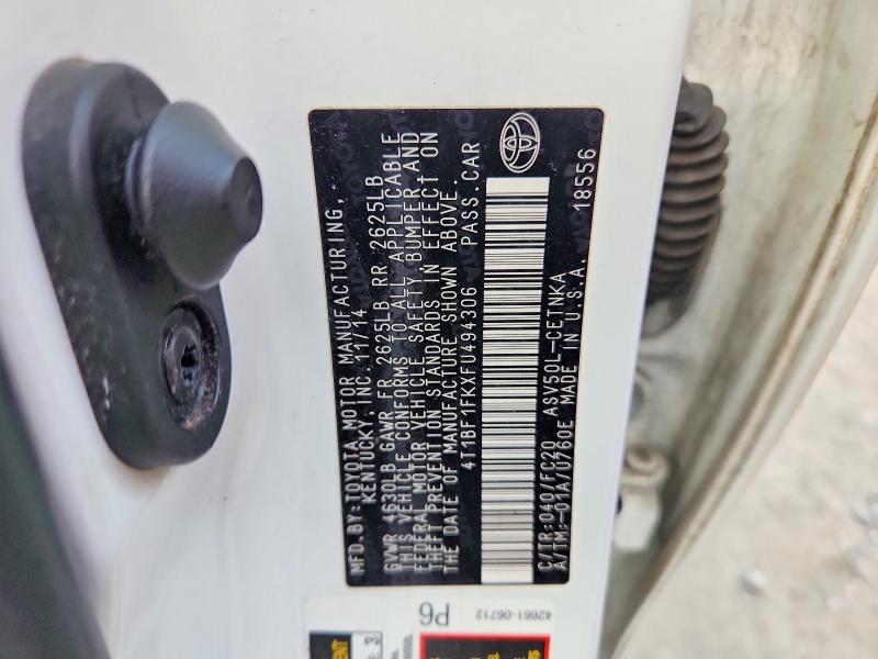 2015 Toyota Camry მანქანა იყიდება აუქციონზე, vin: 4T1BF1FKXFU494306, აუქციონის ნომერი: 60925176