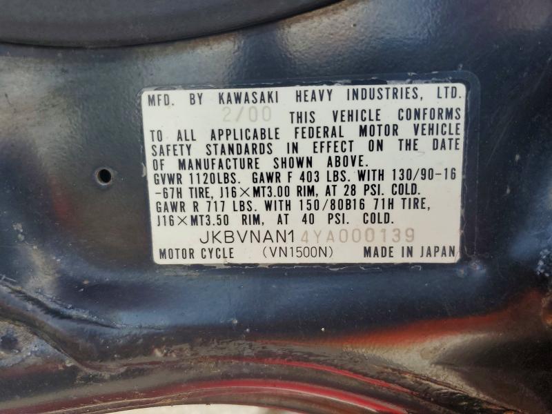 Aukcja sprzedaży 2000 Kawasaki Vn1500, vin: JKBVNAN14YA000139, numer aukcji: 59952476