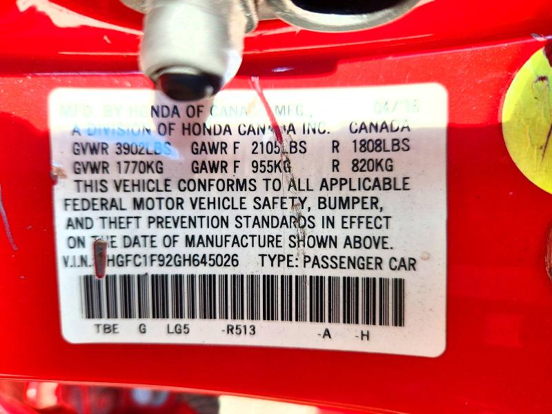61509616 :رقم المزاد ، 2HGFC1F92GH645026 vin ، 2016 Honda Civic مزاد بيع