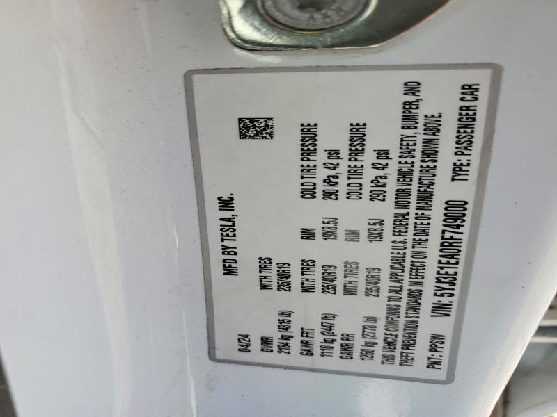 Aukcja sprzedaży 2024 Tesla Model 3, vin: 5YJ3E1EA0RF749000, numer aukcji: 63191776