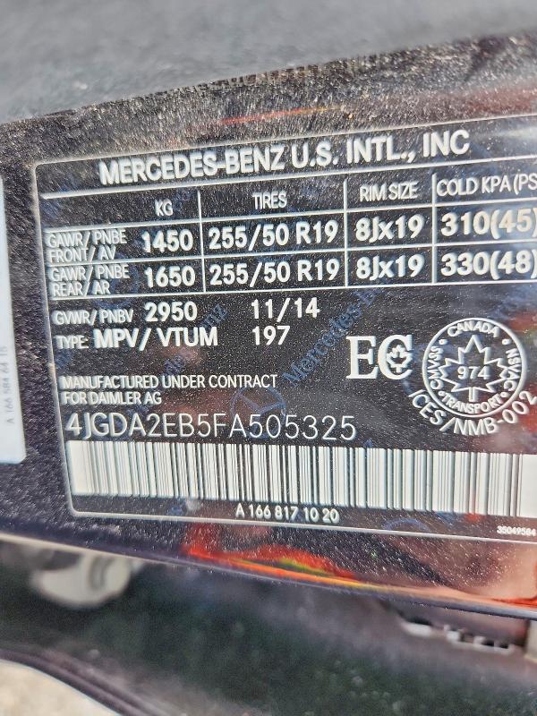 2015 Mercedes-benz Ml მანქანა იყიდება აუქციონზე, vin: 4JGDA2EB5FA505325, აუქციონის ნომერი: 59713816