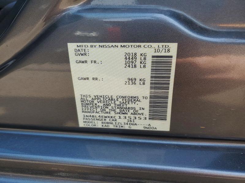 2019 Nissan Altima მანქანა იყიდება აუქციონზე, vin: 1N4BL4EWXKC135353, აუქციონის ნომერი: 60072296