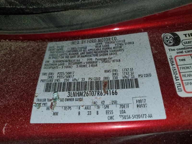 2007 Lincoln Mkz მანქანა იყიდება აუქციონზე, vin: 3LNHM26T07R654166, აუქციონის ნომერი: 63217806