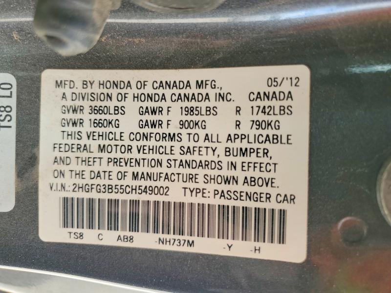 59301876 :رقم المزاد ، 2HGFG3B55CH549002 vin ، 2012 Honda Civic مزاد بيع