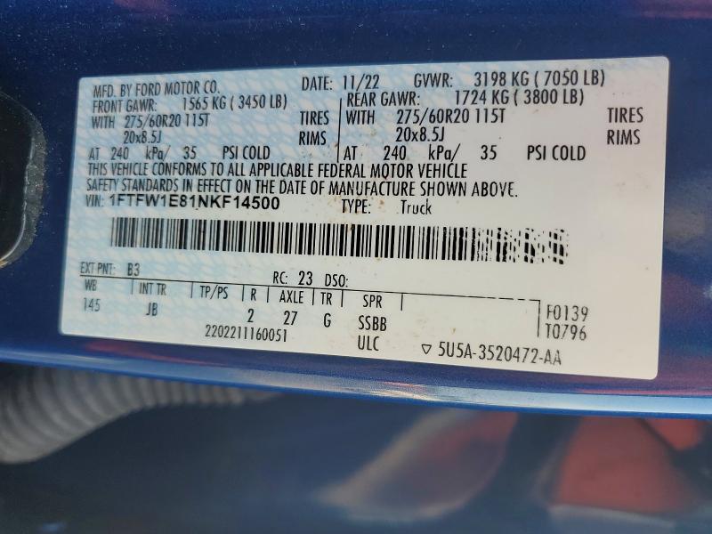 Продажа на аукционе авто 2022 Ford F150, vin: 1FTFW1E81NKF14500, номер лота: 62992836