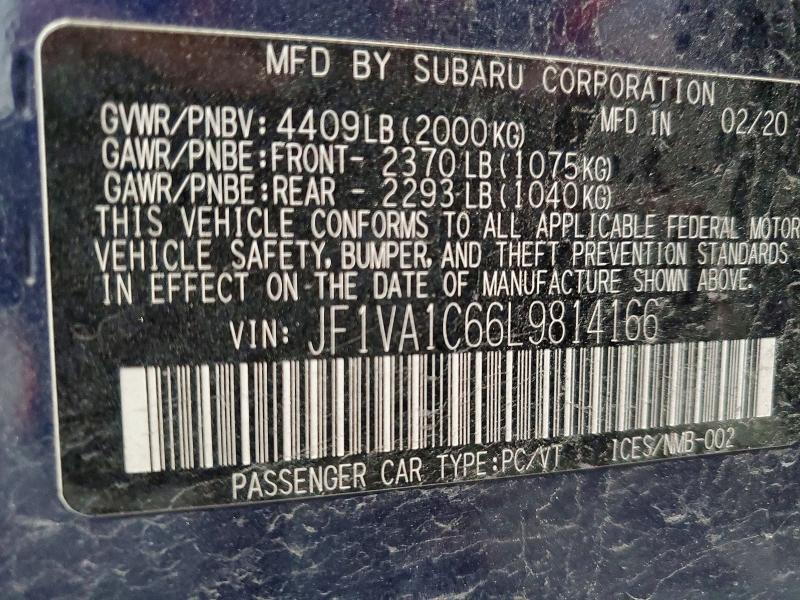 Продаж на аукціоні авто 2020 Subaru Wrx, vin: JF1VA1C66L9814166, номер лоту: 59574846