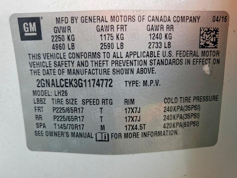 Продаж на аукціоні авто 2016 Chevrolet Equinox, vin: 2GNALCEK3G1174772, номер лоту: 59738246