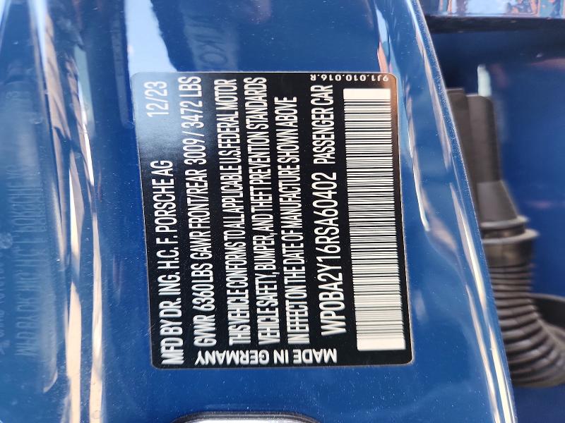 2024 Porsche Taycan მანქანა იყიდება აუქციონზე, vin: WP0BA2Y16RSA60402, აუქციონის ნომერი: 60944096