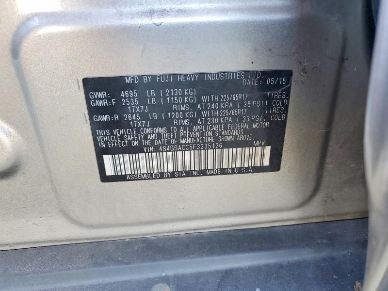 2015 Subaru Outback მანქანა იყიდება აუქციონზე, vin: 4S4BSACC5F3335126, აუქციონის ნომერი: 60487306