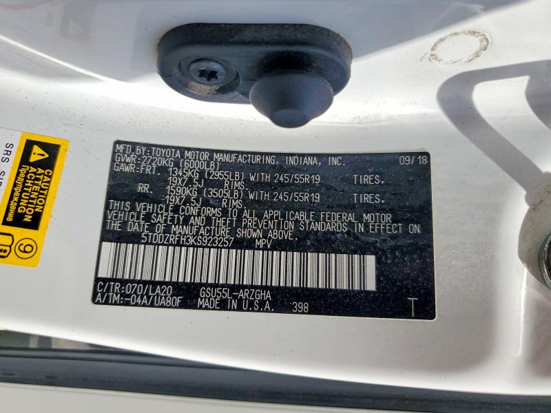Aukcja sprzedaży 2019 Toyota Highlander, vin: 5TDDZRFH3KS923257, numer aukcji: 59579626