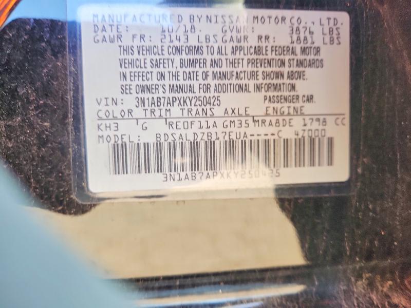 62061616 :رقم المزاد ، 3N1AB7APXKY250425 vin ، 2019 Nissan Sentra مزاد بيع