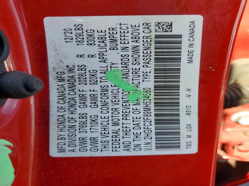 Продажа на аукционе авто 2021 Honda Civic, vin: 2HGFC2F89MH534580, номер лота: 59640096