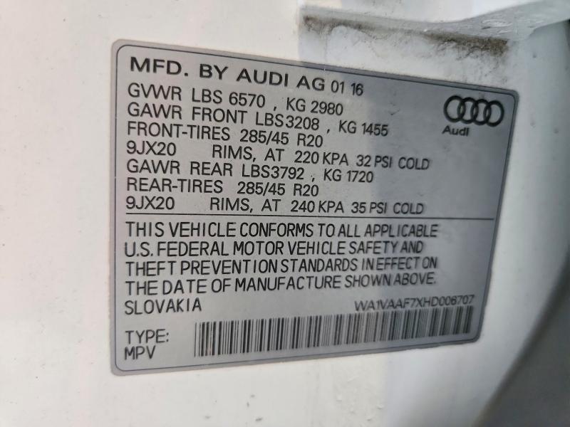 61342456 :رقم المزاد ، WA1VAAF7XHD006707 vin ، 2017 Audi Q7 مزاد بيع