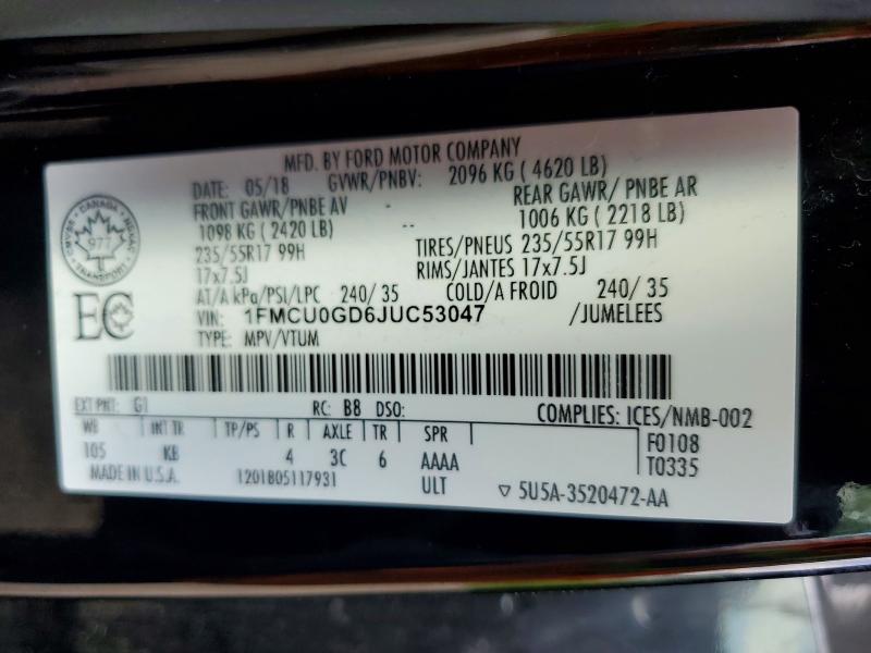 Продаж на аукціоні авто 2018 Ford Escape, vin: 1FMCU0GD6JUC53047, номер лоту: 59314926