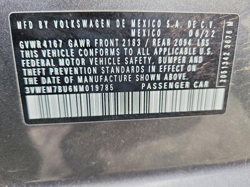 61706506 :رقم المزاد ، 3VWEM7BU6NM019785 vin ، 2022 Volkswagen Jetta مزاد بيع