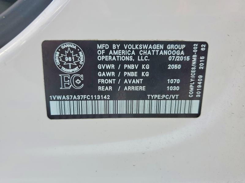 Продаж на аукціоні авто 2015 Volkswagen Passat, vin: 1VWAS7A37FC113142, номер лоту: 62784456