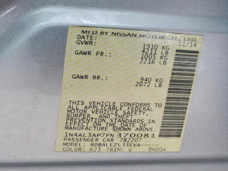 2015 Nissan Altima მანქანა იყიდება აუქციონზე, vin: 1N4AL3AP7FN370081, აუქციონის ნომერი: 61348066