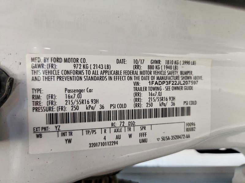 2018 Ford Focus მანქანა იყიდება აუქციონზე, vin: 1FADP3F22JL207597, აუქციონის ნომერი: 62981346