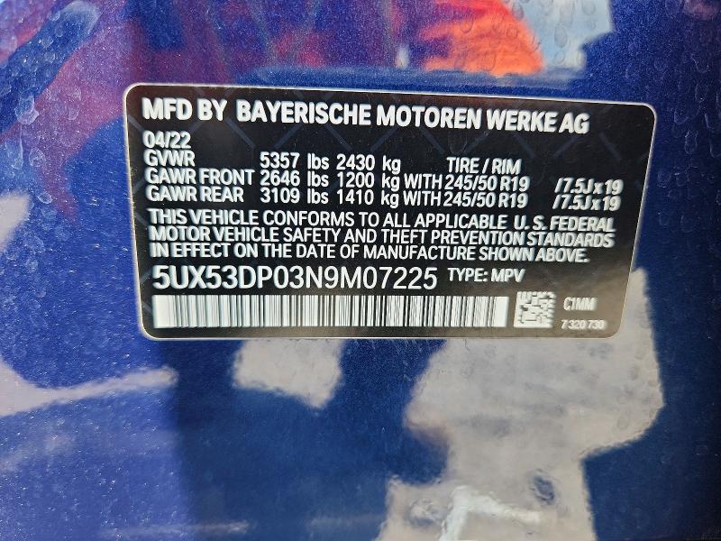 59879476 :رقم المزاد ، 5UX53DP03N9M07225 vin ، 2022 Bmw X3 مزاد بيع