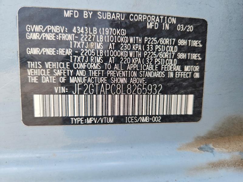 61041616 :رقم المزاد ، JF2GTAPC8L8265932 vin ، 2020 Subaru Crosstrek مزاد بيع