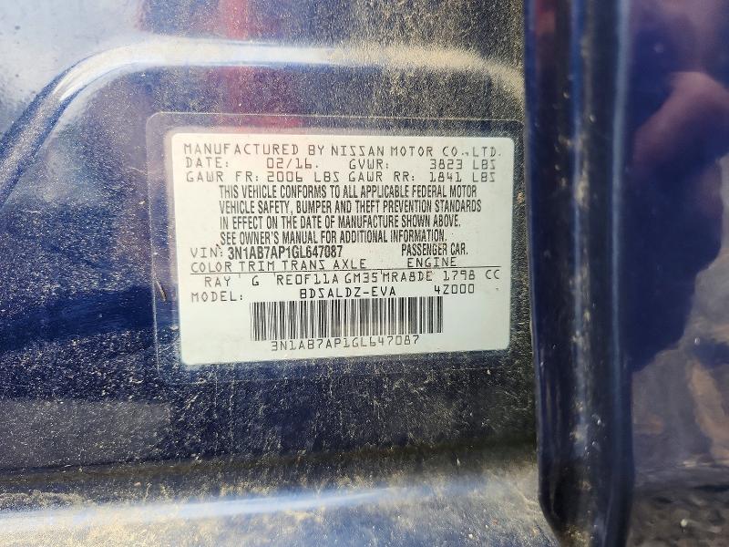 2016 Nissan Sentra მანქანა იყიდება აუქციონზე, vin: 3N1AB7AP1GL647087, აუქციონის ნომერი: 59799456